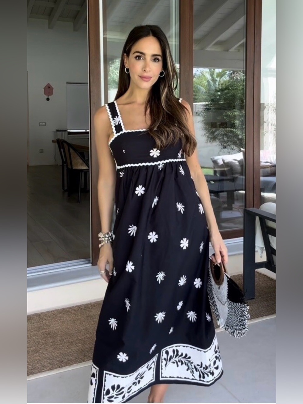 Zara Black Midi Sundress with White Floral Embroidery